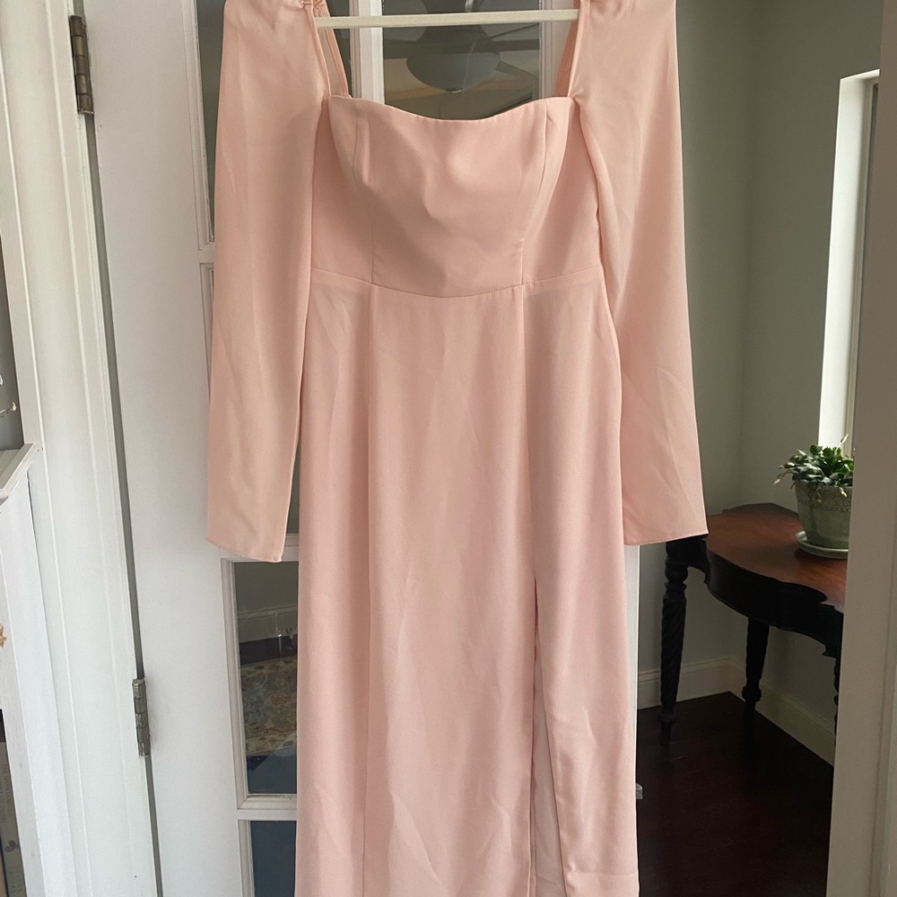 BHLDN Pink Long Sleeve Square Neck Gown